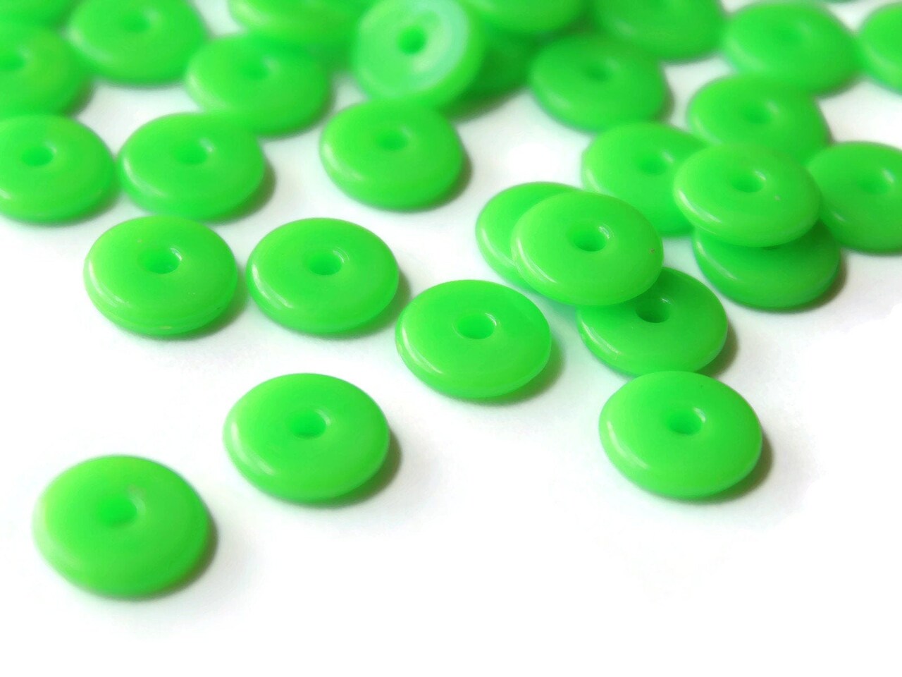 50 10mm Green Disc Beads, Vintage Plastic Flat Round Beads